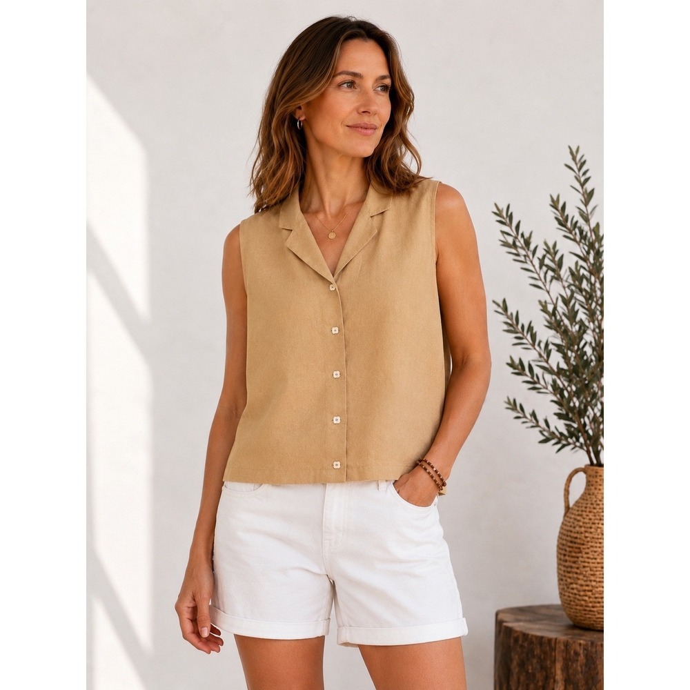 Christopher & Banks Blouse Women's Large Linen Rayon Sleeveless Button Shirt Tan